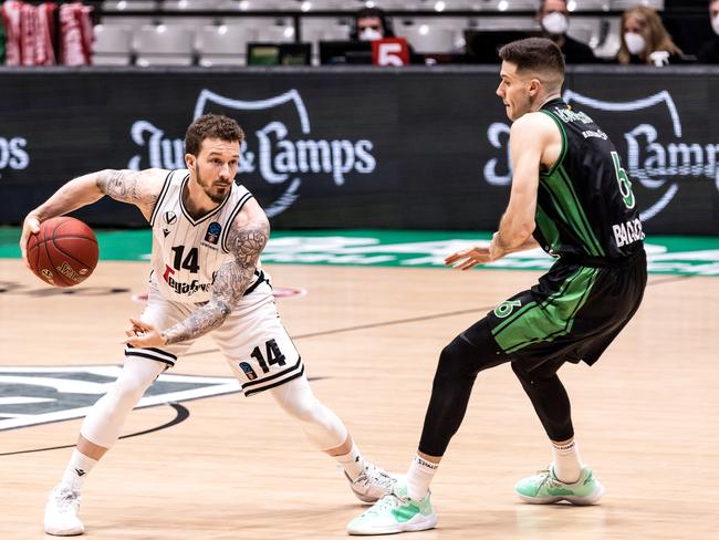 Josh Adams playing for Virtus Segafredo Bologna in action during the EuroCup, Quarterfinals game 2, basketball match played between Juventut Badalona and Virtus Segafredo Bologna at Palau Olimpic de Badalona on March 26, 2021 in Badalona, Spain. Picture: Javier Borrego / Europa Press Sports via Getty Images