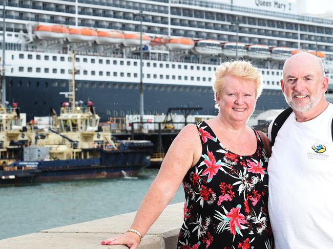 The largest ship to visit Australia, The Queen Mary 2, has docked in Darwin today. Passengers Sheila and Henry Milner outside the Queen Mary 2.