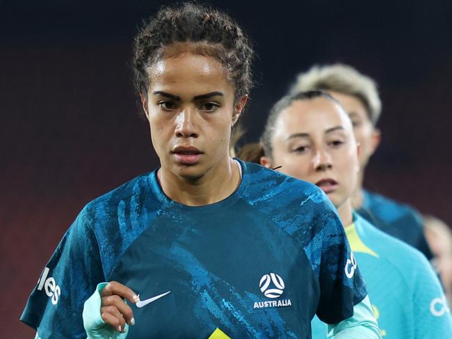 ZURICH, SWITZERLAND - OCTOBER 25: Mary Fowler of Australia warms up prior to the Women's international friendly match between Switzerland and Australia at Stadion Letzigrund on October 25, 2024 in Zurich, Switzerland. (Photo by Arnd Wiegmann/Getty Images for Football Australia)