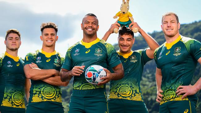 Wallabies stars (l-r) James O’Connor, Matt Toomua, Kurtley Beale, Jordan Petaia and David Pocock sporting the indigenous jersey they will wear against Uruguay. Picture: Rugby AU Media/Stuart Walmsley