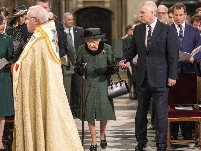 Queen Elizabeth II arrived at the memorial for Prince Philip accompanied by Prince Andrew. Picture: Richard Pohle/Getty Images