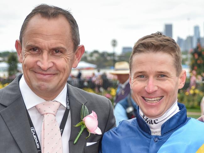 Chris Waller with James McDonald after Roots won the Inglis Bracelet at Flemington Racecourse on November 03, 2022 in Flemington, Australia. (Photo by Reg Ryan/Racing Photos via Getty Images)