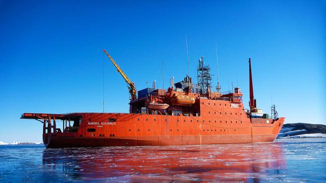 Aurora Australis moored Horseshoe Harbour, surrounded by new ice. Credit: Chris Wilson / AAD