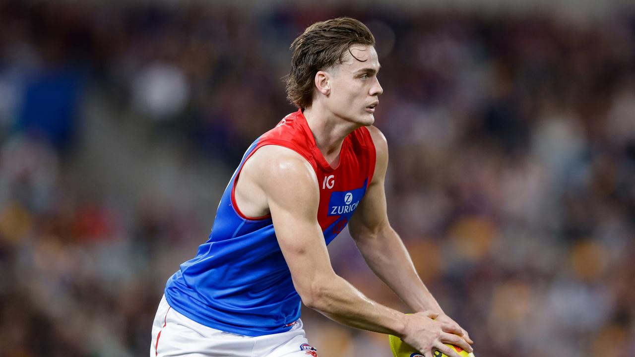 BRISBANE, AUSTRALIA - JUNE 28: Trent Rivers of the Demons in action during the 2024 AFL Round 16 match between the Brisbane Lions and the Melbourne Demons at The Gabba on June 28, 2024 in Brisbane, Australia. (Photo by Russell Freeman/AFL Photos via Getty Images)