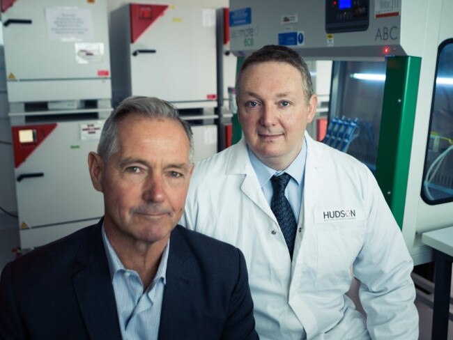 Dr Greg Collier, managing director and CEO, Invion Limited (left) and Dr Andrew Stephens from the Hudson Institute of Medical Research in Melbourne says a new photodynamic drug has been effective at killing tumour cells. Picture: Supplied