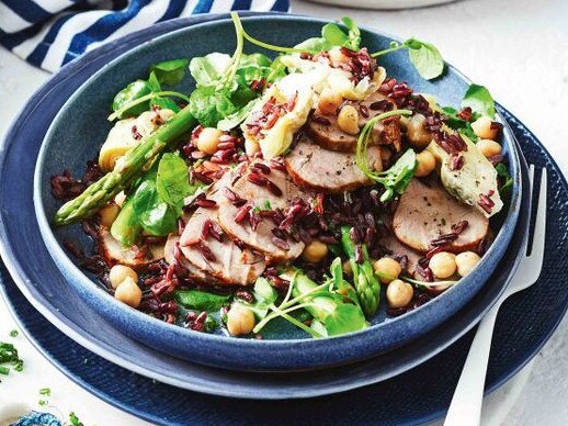 Ginger-glazed pork with watercress and black rice.