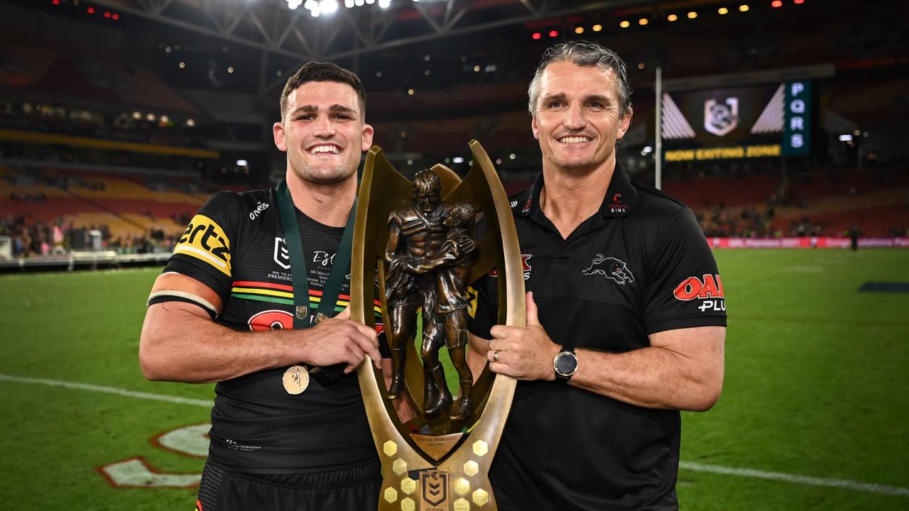 NRL 2021 GF PENRITH PANTHERS V SOUTH SYDNEY RABBITOHS - NATHAN CLEARY, IVAN CLEARY, TROPHY, CELEB, WIN Picture by NRL IMAGES