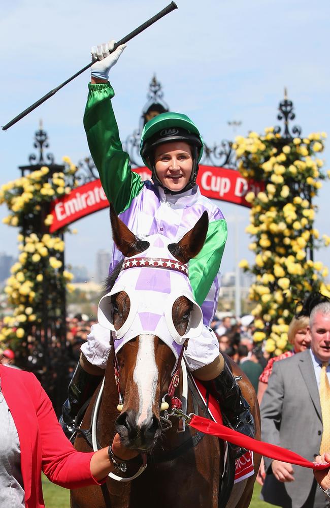 The fairytale moment. Michelle Payne on Prince Of Penzance after she won the 2015 Melbourne Cup. Picture: Michael Dodge/Getty Images