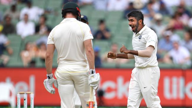 Indian quick Jasprit Bumrah reacts after dismissing Australia’s Shaun Marsh with a sensational off-cutter in the Boxing Day Test at the MCG in 2018. Picture: Julian Smith/AAP