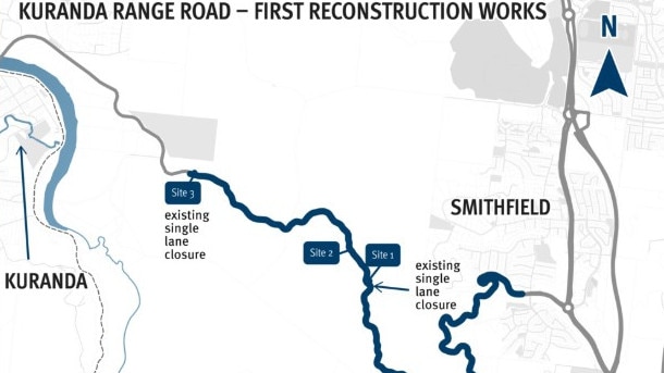 A TMR diagram showing Kuranda Range Rd work sites.