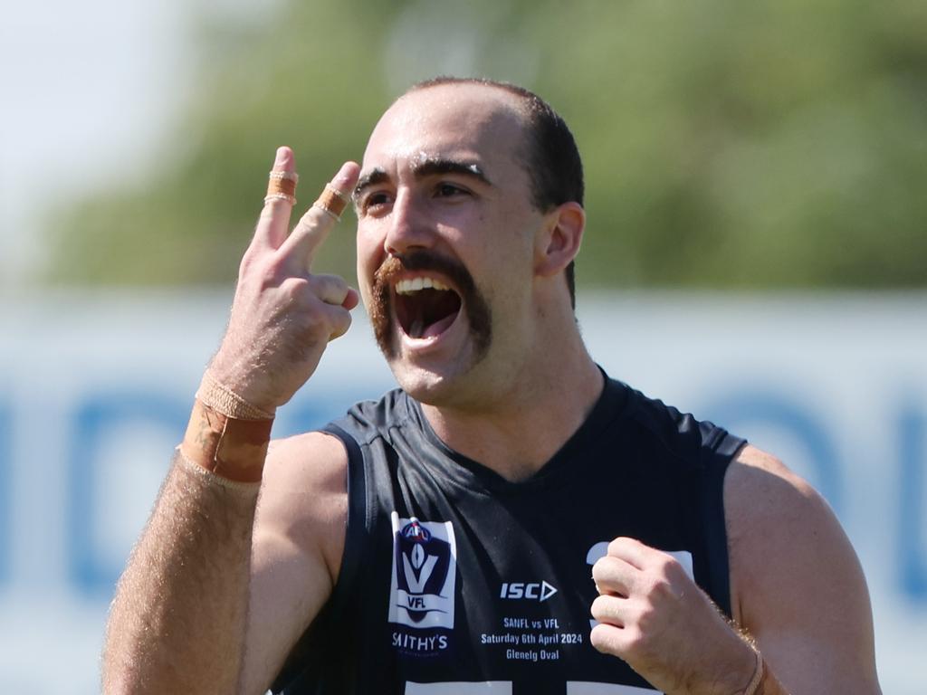 Brayden Crossley from Victoria reacts after scoring a goal during the AAMI State game between South Australia and Victoria at Glenelg Stadium in Adelaide. (SANFL Image/David Mariuz)