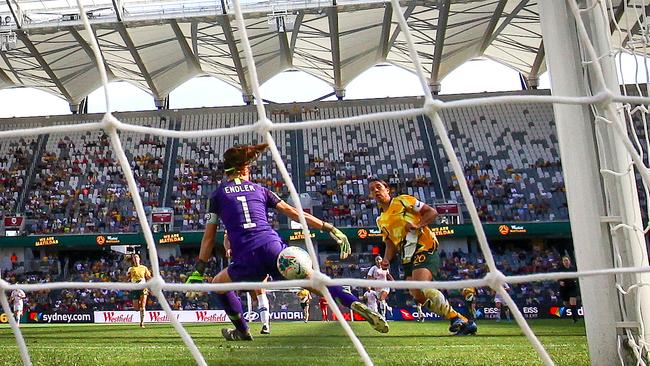 Matildas star Sam Kerr shoots for goal against Chile at Bankwest Stadium last year.
