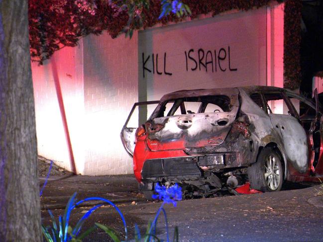 The scene after an anti-Semitic fire attack in Woollahra, in Sydney's east.