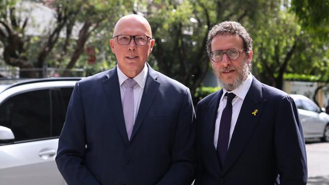 Opposition leader Peter Dutton with Rabbi Levi Wolfe at the Central Synagogue in Bondi Junction, Sydney. Picture: NewsWire/ Gaye Gerard