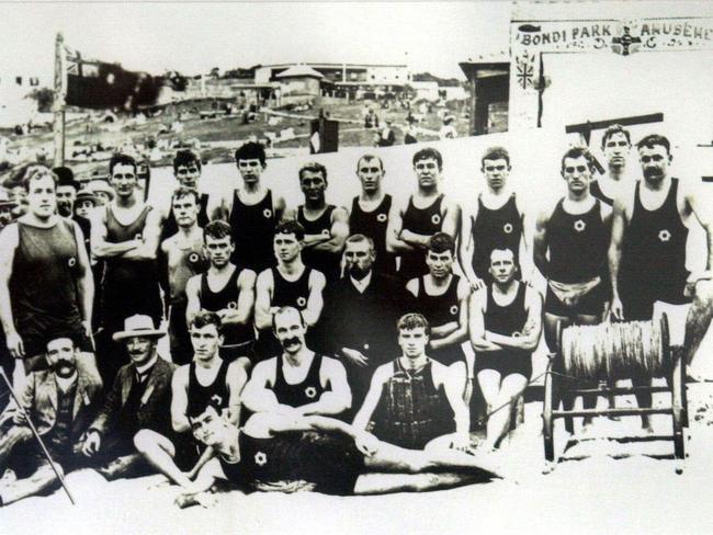 The oldest known photograph of surf life savers at Bondi. Lyster Ormsby is seen in the back row far left.