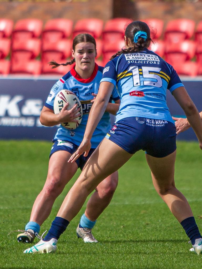 Mackenzie Zeller runs the ball for the Western Clydesdales BMD Premiership side. Picture: Benny Hassum Photography