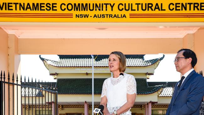 Kristina Keneally speaks to the media with the president of the Vietnamese community in NSW, Paul Nguyen. Picture: NCA NewsWire / Flavio Brancaleone