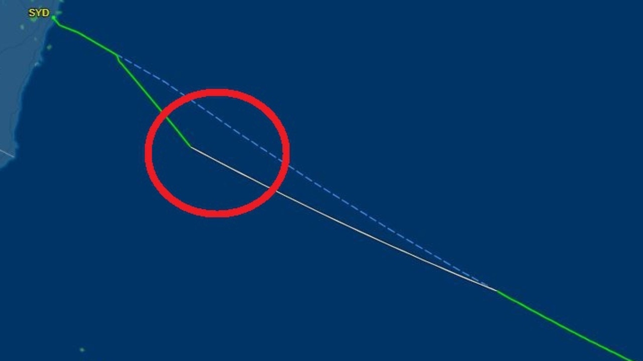 The diversion an Emirates flight had to perform over the Tasman Sea. Picture: FlightAware.