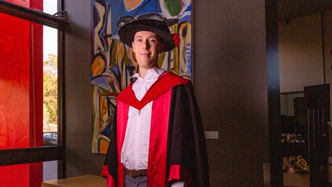 Graduation Ceremony at the University of Tasmania, Burbury Theatre on Friday 28th April 2023. Graduate in PhD of Neuroscience, Lachlan Brown Picture: Linda Higginson