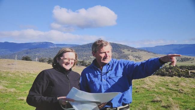 TasRex CEO Bess Clark with grazier Roderic O'Connor at has 17400ha Cressy property, Connorville, the proposed site of a new $500m, 288MW solar farm. Picture: Supplied