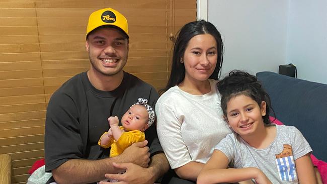 Dragons player Brayden Wiliame and his family in Sydney. Baby Kobee, wife Stephanie and daughter Ayeeva. Pic: Supplied