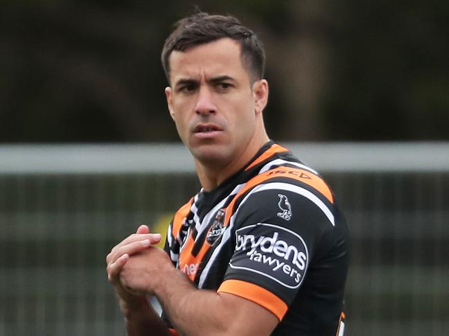 SYDNEY, AUSTRALIA - MAY 25: Corey Thompson warms up during a Wests Tigers NRL training session at St. Luke's Park North on May 25, 2020 in Sydney, Australia. (Photo by Matt King/Getty Images)