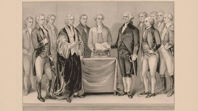 George Washington’s inauguration on April 30, 1789, at Federal Hall in New York City. Picture: Library of Congress