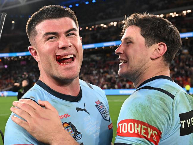 BRISBANE, AUSTRALIA - JULY 17: Bradman Best and Mitchell Moses of the Blues celebrate victory following game three of the 2024 Men's State of Origin series between Queensland Maroons and New South Wales Blues at Suncorp Stadium on July 17, 2024 in Brisbane, Australia. (Photo by Bradley Kanaris/Getty Images)