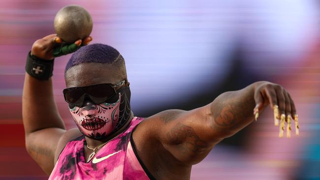 Another of Saunders’ distinctive masks. (Photo by Patrick Smith/Getty Images via AFP)