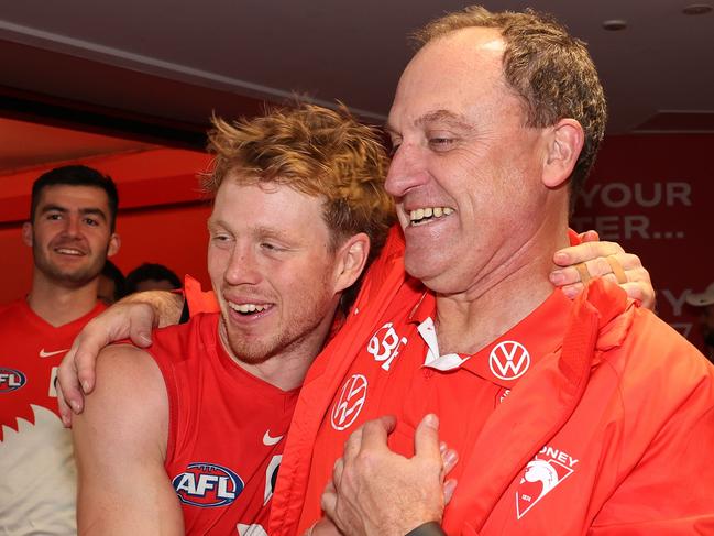 John Longmire has thrown his support behind co-captain Callum Mills after his Mad Monday shoulder injury last year. Picture: Mark Metcalfe/AFL Photos/via Getty Images