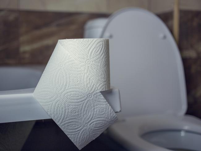 Toilet paper roll on the edge of the bath. On the background of toilet.