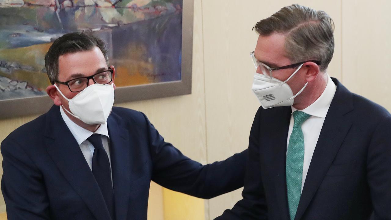 The Premier of Victoria, Daniel Andrews and Premier of New South Wales, Dominic Perrottet both seem open to scaling back the mandatory Covid-19 isolation period. Picture: David Crosling.