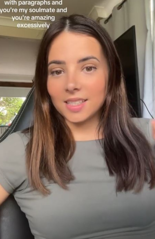 Chelsea Bermann shared her “theory” that if someone was excessively on social media with “paragraphs” about them being their soulmate — it was a sign the relationship was in trouble. Picture: TikTok/@chelseabermann