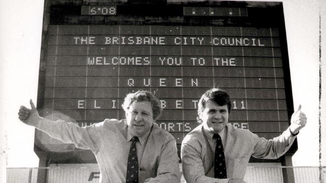 PAUL (Porky) MORGAN..  FILE/PIC 1992. with John Ribot at QEII - New Grounds for the Bris Broncos.. headshot scoreboard thumbs up sign sport rugby league