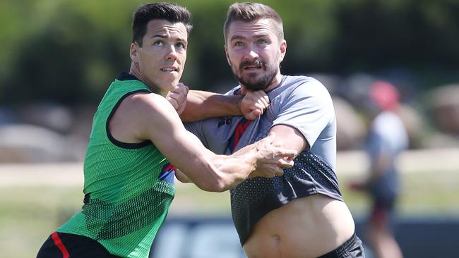 Dylan Shiel wrestles with Ricky Dyson. Picture: Michael Klein