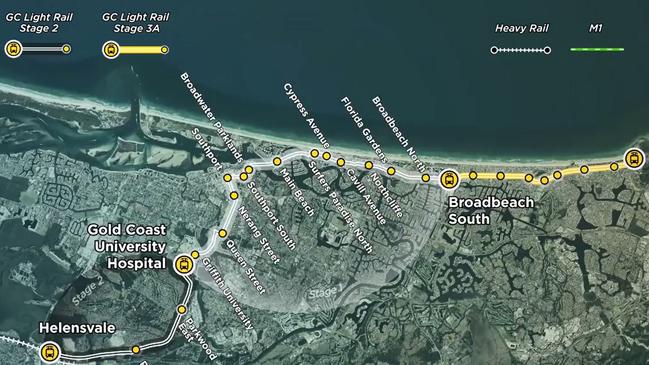 A map showing the proposed light rail Stage 3A extension to Burleigh Heads.