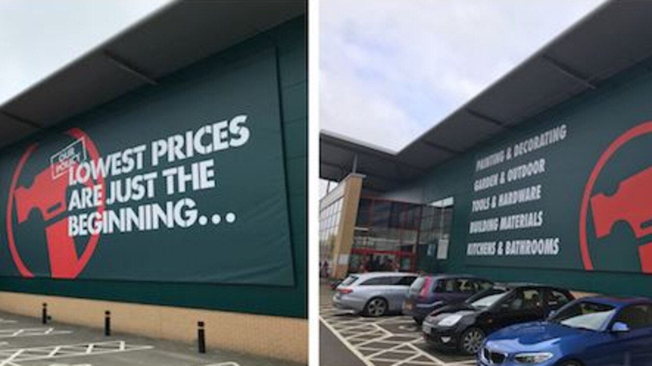 Before and after: A UK Bunnings store which previously displayed the famous “lowest prices..” tagline (left). Now the store simply lists the products that can be found inside. Picture: Steve Collinge/Insight DIY.