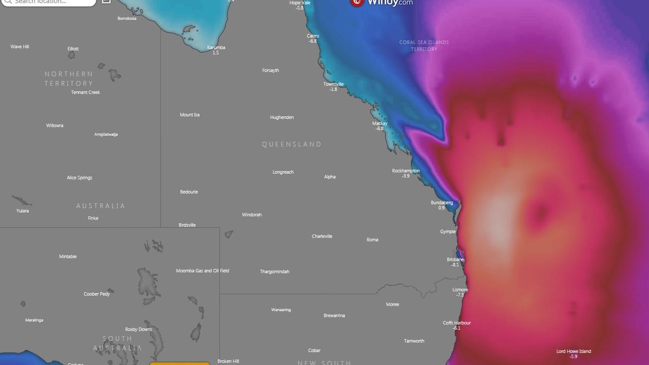 The projected wave height off the Queensland coast on Saturday. Picture: Windy