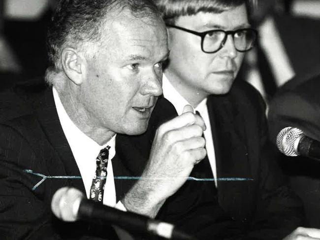 Premier Wayne Goss (left) with senior public servant Kevin Rudd in 1994