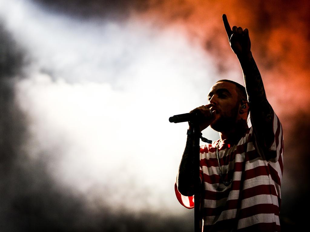 rapper Mac Miller, real name Malcolm McCormick, at the Camp Flog Gnaw Carnival 2017 at Exposition Park in Los Angeles, California. Picture: Getty