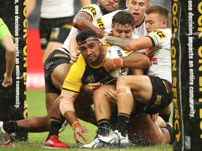 Ava Seumanufagai of Mounties is held up over the line during the round two NSWRL match between the Mounties and the Penrith Panthers. Picture: Mark Kolbe/Getty Images