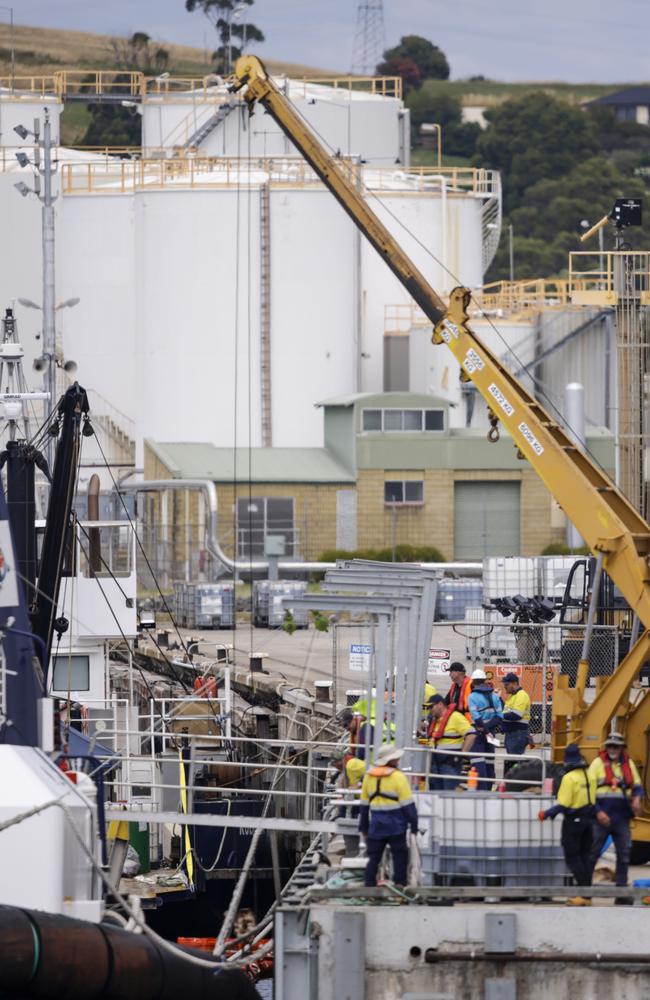 Sunken tug boats at Devonport wharf after being hit by cement carrier GOLIATH. Picture: Grant Viney