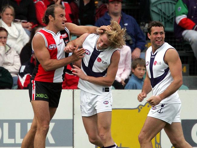 St Kilda’s Fraser Gehrig fights with Fremantle’s David Mundy during their clash at Launceston in 2006. Picture: a/ct /Football/AFL