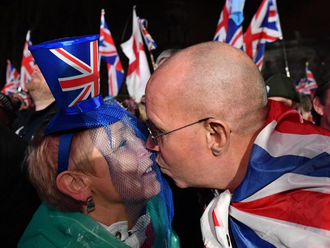 Pro Brexit supporters celebrate as the United Kingdom exits the EU during the Brexit Day Celebration Party hosted by Leave Means Leave at parliament Square. Picture: Getty