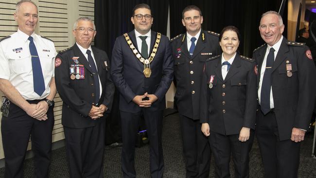 Lord Mayor Steven Issa, centre, with NSW Ambulance’s Andrew Edwards, Andrew McAlpine, Supt Ian Johns, Jennine Kiely and Kevin McSweeney.