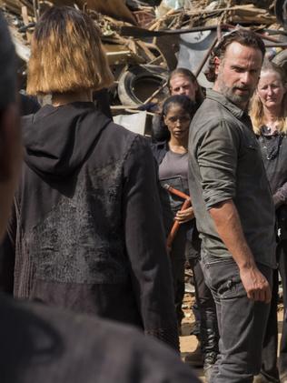 This mysterious still from Season 7 has intrigued fans. Is this Rick chatting to the gun-toting ladies of Oceanside?