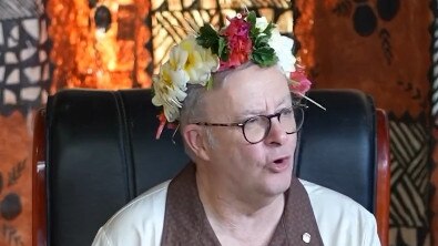 Anthony Albanese in local headdress while attending the 53rd Pacific Islands Forum Leaders Meeting in Nuku'alofa, Tonga. Picture: X / PMO