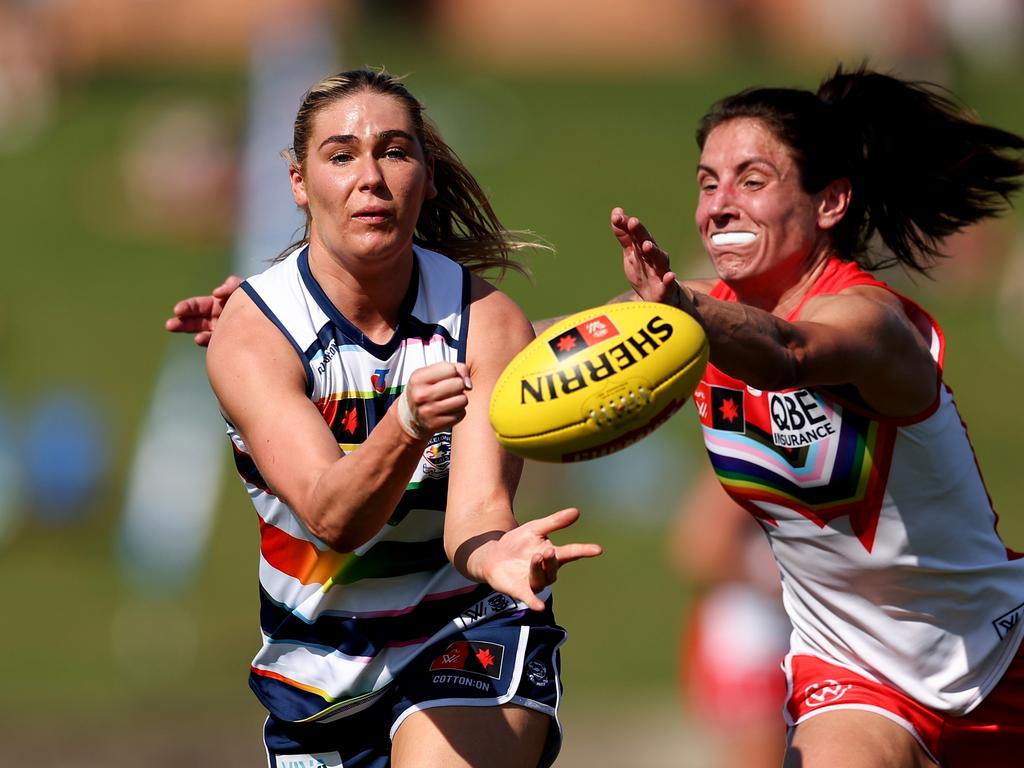 Geelong defender Becky Webster has spearheaded the Cats’ drive off halfback this year. Picture: Brendon Thorne/AFL Photos/via Getty Images