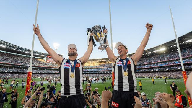 Steele Sidebottom and Scott Pendlebury are within touching distance of the games record as teammates. Picture: Jason Edwards