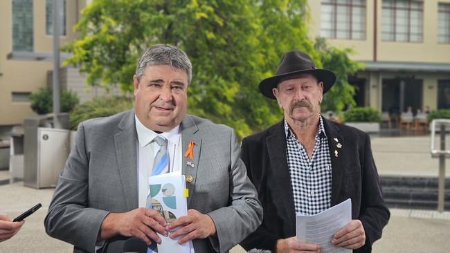 Local government minister Kerry Vincent and Local Government Association of Tasmania Mick Tucker speak to the media on Wednesday November 27, 2024.